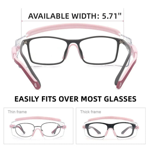 Over Glasses Safety Goggles With Anti Fog Clear Wraparound Lens ANSI Z87.1 showing fit over 5.71-inch wide glasses