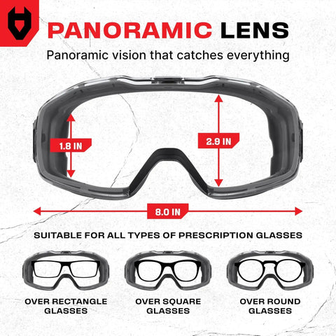 Over Glasses Safety Goggles Anti Fog ANSI Z87.1 Panoramic Lens Adjustable Strap dimensions and fit over various eyeglass shapes.