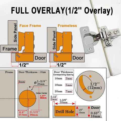 Diagram of 24 Pack Half Inch Overlay Soft Close Cabinet Hinges for frameless and face frame cabinets with measurements