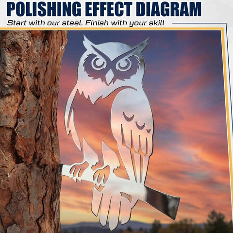 Owl Welding Practice Kit For Beginners By ElaraBerry, showcasing a polished metal owl decor piece against a sunset backdrop.