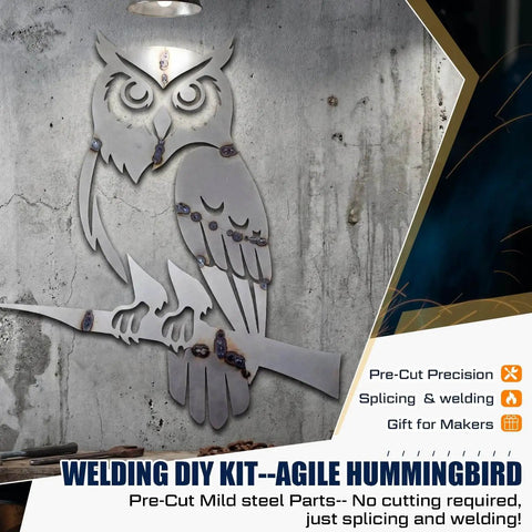Owl Welding Practice Kit For Beginners By ElaraBerry mounted metal owl decor piece on wall, ideal for TIG MIG welding practice.