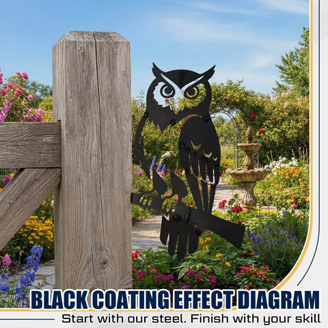 Metal owl decor made with Owl Welding Practice Kit For Beginners By ElaraBerry, installed on wooden post in garden setting.