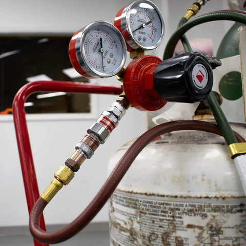 Oxy-Fuel Quick Connect Regulator To Hose Coupler Set For Fuel And Oxygen, Leak-Proof Disconnect, connected to tank, 9/16 fittings