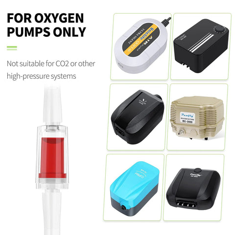 Pawfly 6-pack aquarium check valves; red 1-way valve for 3/16 inch tubing; air pumps shown.