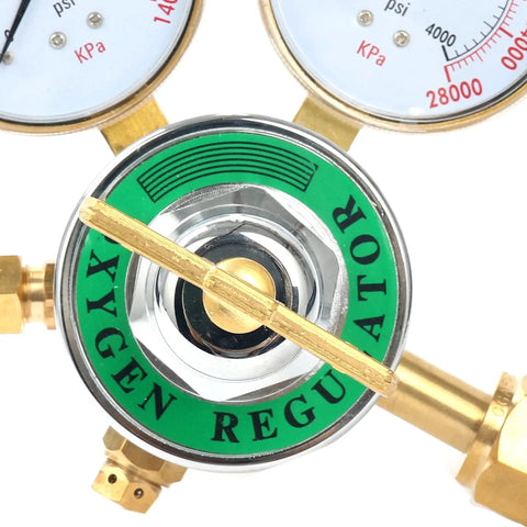Close-up of Oxygen Regulator For Large Gas Tank With Dual Two And Five Eighths Inch Gauges 0 To 200 PSI Outlet And 0 To 4000 PSI Inlet CGA 540 Female Solid Brass Body Welding Torch Regulator For MIG TIG Yaetek.