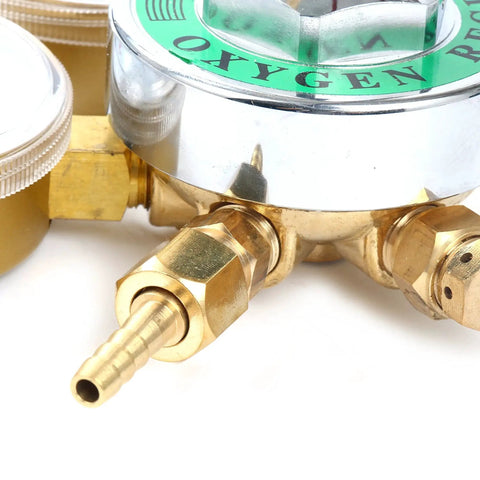 Close-up of Oxygen Regulator For Large Gas Tank With Dual Two And Five Eighths Inch Gauges 0 To 200 PSI Outlet Solid Brass Body