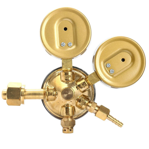Oxygen Regulator For Large Gas Tank With Dual Two And Five Eighths Inch Gauges 0 To 200 PSI Outlet And 0 To 4000 PSI Inlet CGA 540 Female Solid Brass Body Welding Torch Regulator For MIG TIG Yaetek shown with solid brass construction and dual gauges.