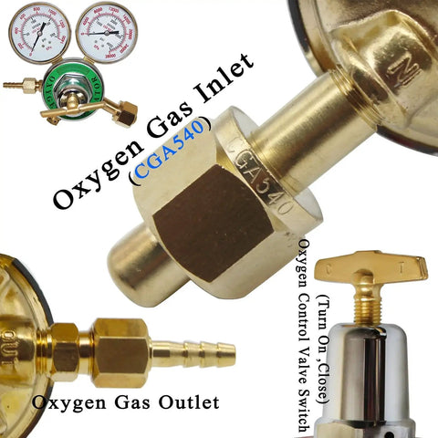 Heavy Duty Oxygen Regulator For Welding And Cutting Torch, 0 To 200 PSI Outlet And 0 To 4000 PSI Inlet, CGA 540, brass details visible