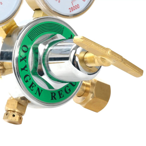 Close-up of Oxygen Regulator For Large Gas Tank With Dual Two And Five Eighths Inch Gauges 0 To 200 PSI Outlet And 0 To 4000 PSI Inlet CGA 540 Female Solid Brass Body Welding Torch Regulator For MIG TIG Yaetek.