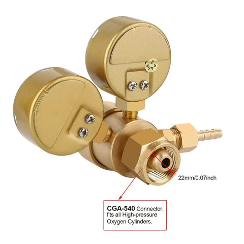 Oxygen Regulator for Welding With 2 Inch Gauges CGA 540 Inlet 0 To 4000 Psi Replacement Valve, brass body, side view