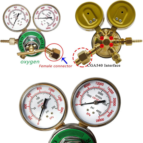 Heavy Duty Oxygen Regulator For Welding And Cutting Torch, 0 To 200 PSI Outlet And 0 To 4000 PSI Inlet, CGA 540, Large Tank Gauges