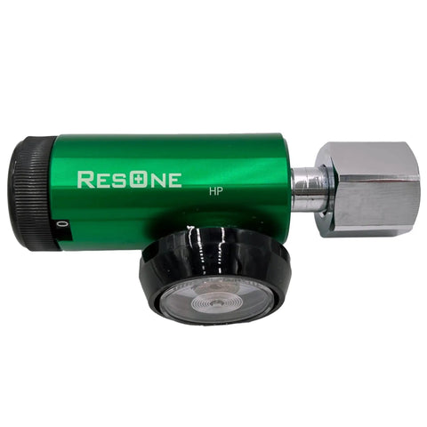 Compact 15 LPM Oxygen Regulator CGA 540 With Adjustable Flow, green aluminum and brass construction, side view