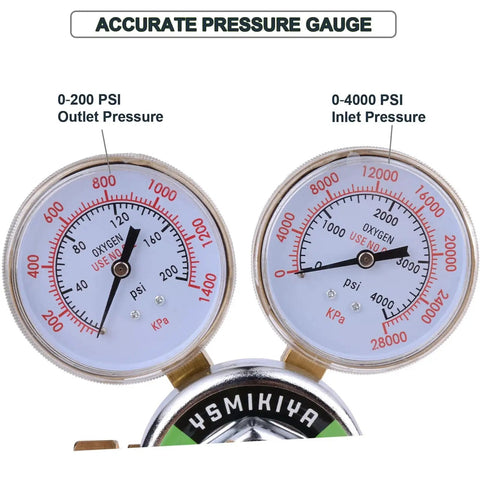 Close-up of dual gauges on Heavy Duty Oxygen Regulator For Large Tanks By Ysmikiya showing 0-200 PSI outlet and 0-4000 PSI inlet.