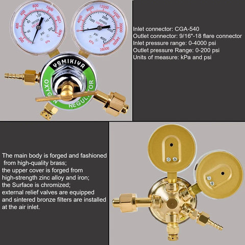 Heavy Duty Oxygen Regulator For Large Tanks By Ysmikiya With Beefy Brass Chrome Plated Body And Dual Gauges, Cutting Torch Regulator