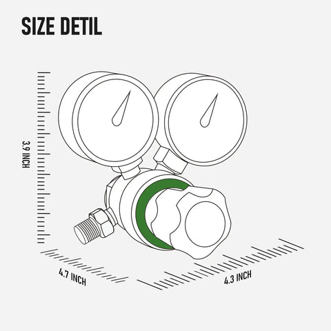 Diagram showing dimensions of Oxygen Regulator For Welding Gas Gauges CGA 540 Inlet with dual gauge for V Style Torch Cutting Kit