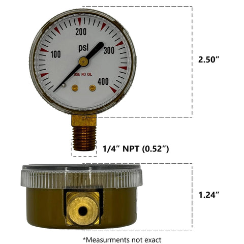 Replacement 2.5 Inch Gauge Set For Oxygen Regulators With 30 Psi Low Pressure And 400 Psi High Pressure, One Quarter Inch NPT Threads, front view