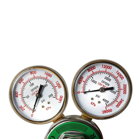 Close-up of Heavy Duty Oxygen Regulator For Welding And Cutting Torch, 0 To 200 PSI Outlet And 0 To 4000 PSI Inlet, CGA 540,