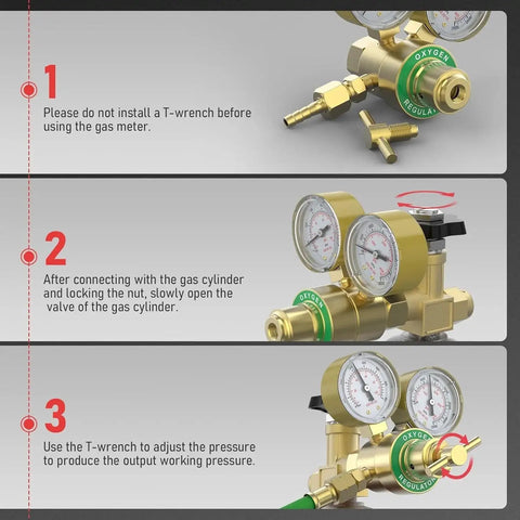 Installation and usage steps for Heavy Duty Oxygen Regulator For Welding And Cutting With 0-4000 PSI Inlet And 0-100 PSI Outlet by YESWELDER.