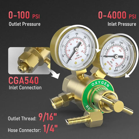 Heavy Duty Oxygen Regulator For Welding And Cutting With 0-4000 PSI Inlet And 0-100 PSI Outlet CGA540 Brass T Handle