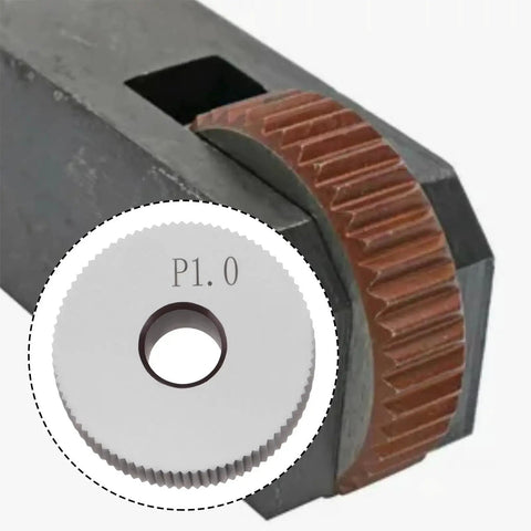Close-up of Two Pieces P1.0mm Straight Knurling Wheels, 28x8x8mm Steel Rollers for Knurling Tools and Lathe Holders in metalworking setup.