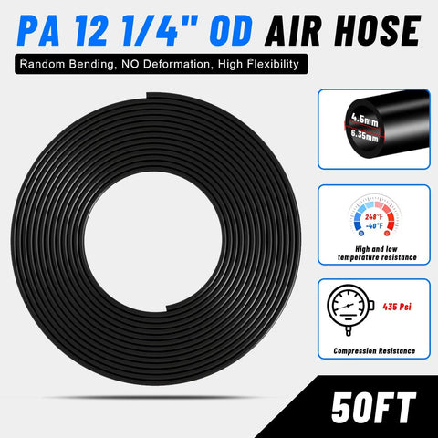One Quarter Inch Air Line Tubing Kit With Fifty Foot Black Nylon Air Hose And Push To Connect Fittings For Air Brake System
