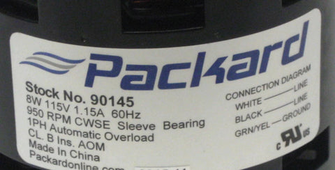 Label on Packard 90145 Motor for Greenheck 310145 detailing 8 Watt, 115/60 Volts, 950 RPM, CWSE specifications