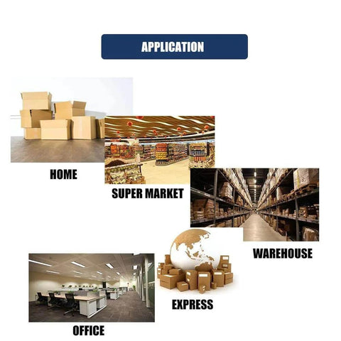 Applications of Heavy Duty Packing Tape 6 Rolls Clear 360 Yards 2.7 Mil, shown in home, supermarket, office, warehouse, express settings.