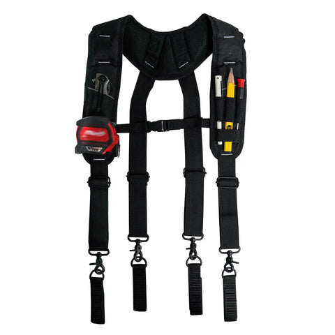 Front view of Padded Tool Belt Suspenders For Men With Attachment Loops Comfortable Carpenter And Electrician Work Suspenders With Even Weight Distribution