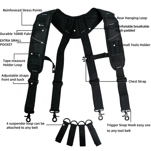 Padded Tool Belt Suspenders For Men With Attachment Loops Comfortable Carpenter And Electrician Work Suspenders With Even Weight Distribution And Four Point Support System For All Day Comfort And Back Strain Reduction, featuring multiple loops and pockets.