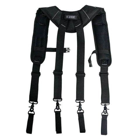Front view of padded tool belt suspenders for men with attachment loops, designed for carpenters and electricians with four-point support.