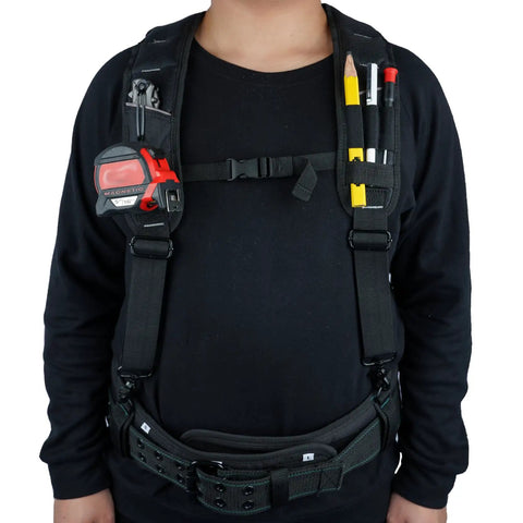 Padded Tool Belt Suspenders For Men With Attachment Loops Comfortable Carpenter And Electrician Work Suspenders With Even Weight Distribution And Four Point Support System For All Day Comfort And Back Strain Reduction, shown worn on a person with tools attached.