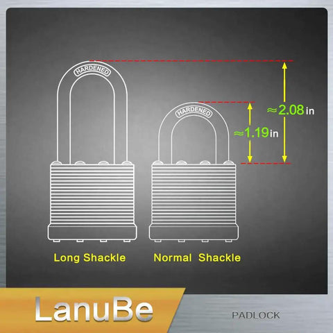 Diagram showing long and normal shackle padlocks with dimensions for Keyed Alike Laminated Padlocks Set 12 Pack 1 9 16 Inch Wide Body