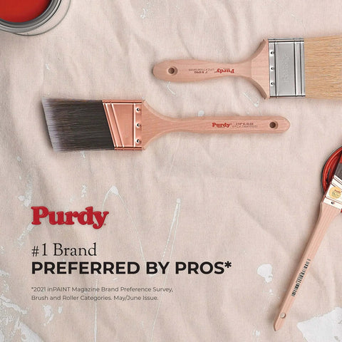 Purdy paintbrushes on textured surface, showcasing brand preference award, with red accents and bristles visible.