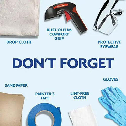 DIY painting essentials including drop cloth, protective eyewear, gloves, sandpaper, and Painter's Touch 2X Ultra Cover Spray Paint preparation tools.