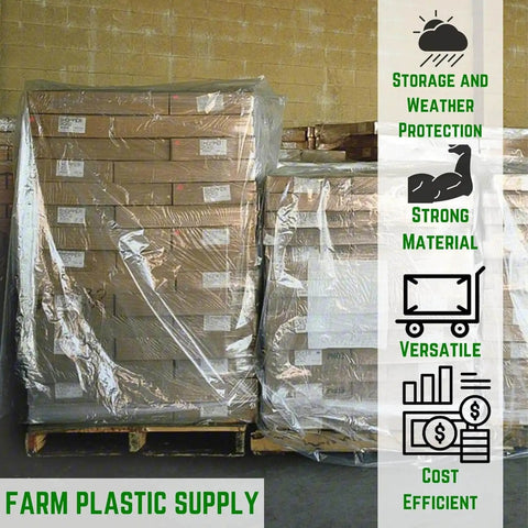 Pallet Cover Bags 50 Pack Heavy Duty Clear 3 Mil Polyethylene For Outdoor Storage And Weather Protection 55 X 53 X 75 In Size Construction Grade Pallet Bags For Shipping And Storage Farm Plastic Supply covering pallets in warehouse.