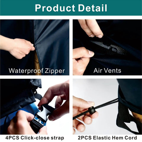 Close-up of Heavy Duty Water Resistant Pallet Cover With 420D Oxford PU Coated Fabric, waterproof zipper, air vents, and straps.