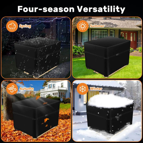 Heavy Duty 900D Pallet Cover For 49 By 41 By 49 Inches Waterproof Tarp With Zipper Reinforced Rope And Four Buckles For Industrial Storage And Shipping Supplies Built To Last shown in four seasons.