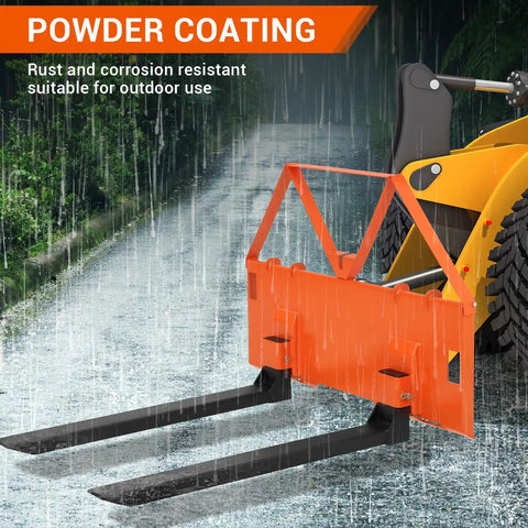 Heavy Duty 46 Inch Pallet Fork Attachment For Tractor Loader And Skid Steer Universal Quick Attach With 2600 Lb Per Fork Load Capacity For Farm Warehouse And Material Handling showing powder coated forks in rain.