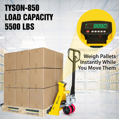 Heavy Duty Pallet Jack With Built In Digital Scale 5500 LB Capacity 27 Inch By 48 Inch Forklift Style Pallet Truck weighing pallets