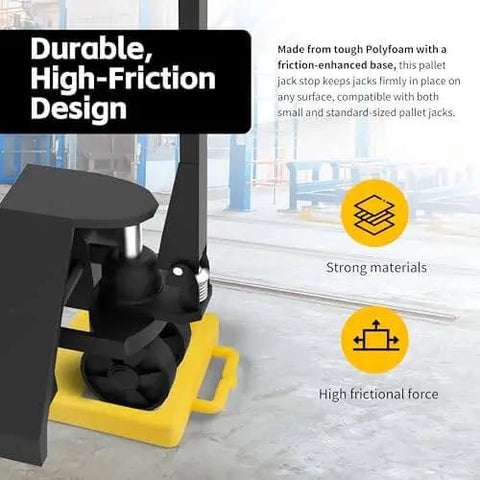 Rugged Heavy Duty Pallet Jack Chock For Maximum Stability And Safety Beefy High Friction Base Lightweight And Portable Fits Small And Standard Pallet Jacks MaxxHaul 51167 shown in use on warehouse floor