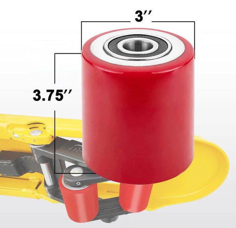 Red 3 x 3.75 inch load wheel from pallet jack full wheel set assembled kit with yellow pallet truck component visible