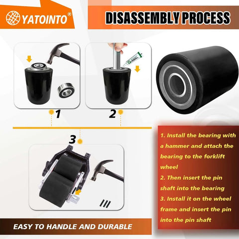 Disassembly process of pallet jack load wheels full set 3 x 3.75 inch with axles and entry exit rollers, black polyurethane load wheels