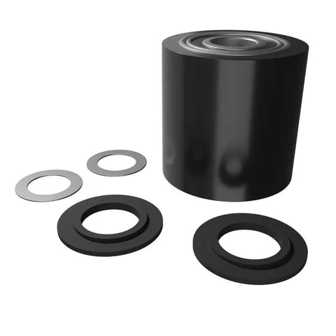 Pallet Jack Load Wheel with poly steel hub, 3 x 2.5 inch size, pre assembled with 20mm ID bearings and spacers on white background