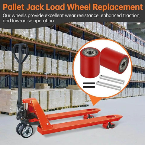1 Pair Pallet Jack Load Wheels 3 x 3.75 inch with 20mm bearings, rear load wheel replacement set displayed with axles and pins
