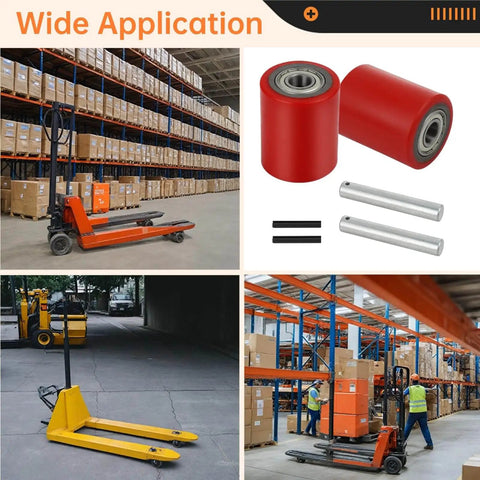 Pallet Jack Load Wheel Set for manual pallet jacks showing red 3x3.75 inch wheels with 20mm bearings, axles, and pins.