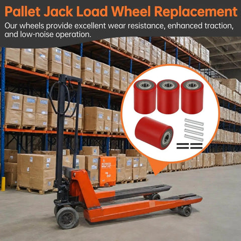 Pallet Jack Load Wheel Set For Manual Pallet Jacks Replacement Rear Wheels 3 Inch By 3.75 Inch With 20mm Bearings in warehouse.