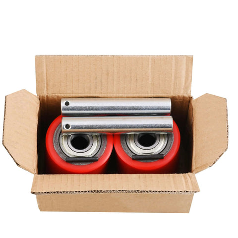 Pair of pallet jack load wheels 3 x 3.75 inch with pre installed bearings in box, includes axles and pins for replacement