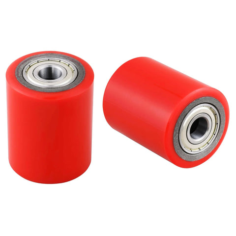 Pair of pallet jack load wheels 3 x 3.75 inch with pre installed bearings, 20mm ID polyurethane tread on cast iron, includes axles and pins