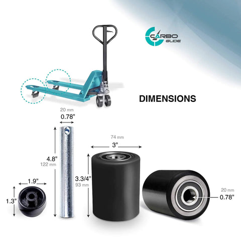 Diagram of pallet jack load wheels full set 3 x 3.75 inch with entry exit roller, black polyurethane tread on steel, with dimensions