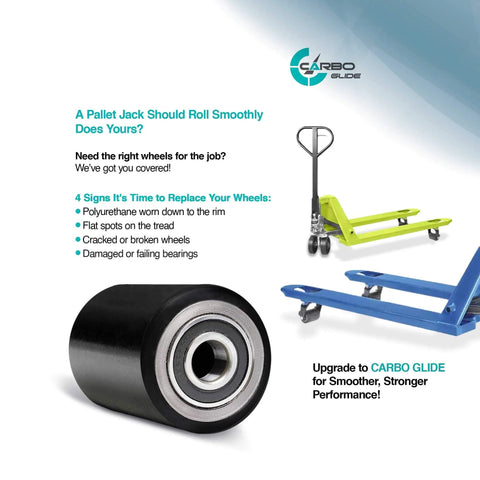 Pallet jack load wheels full set 3 x 3.75 inch with entry exit roller, black polyurethane on steel, showcasing smooth performance.
